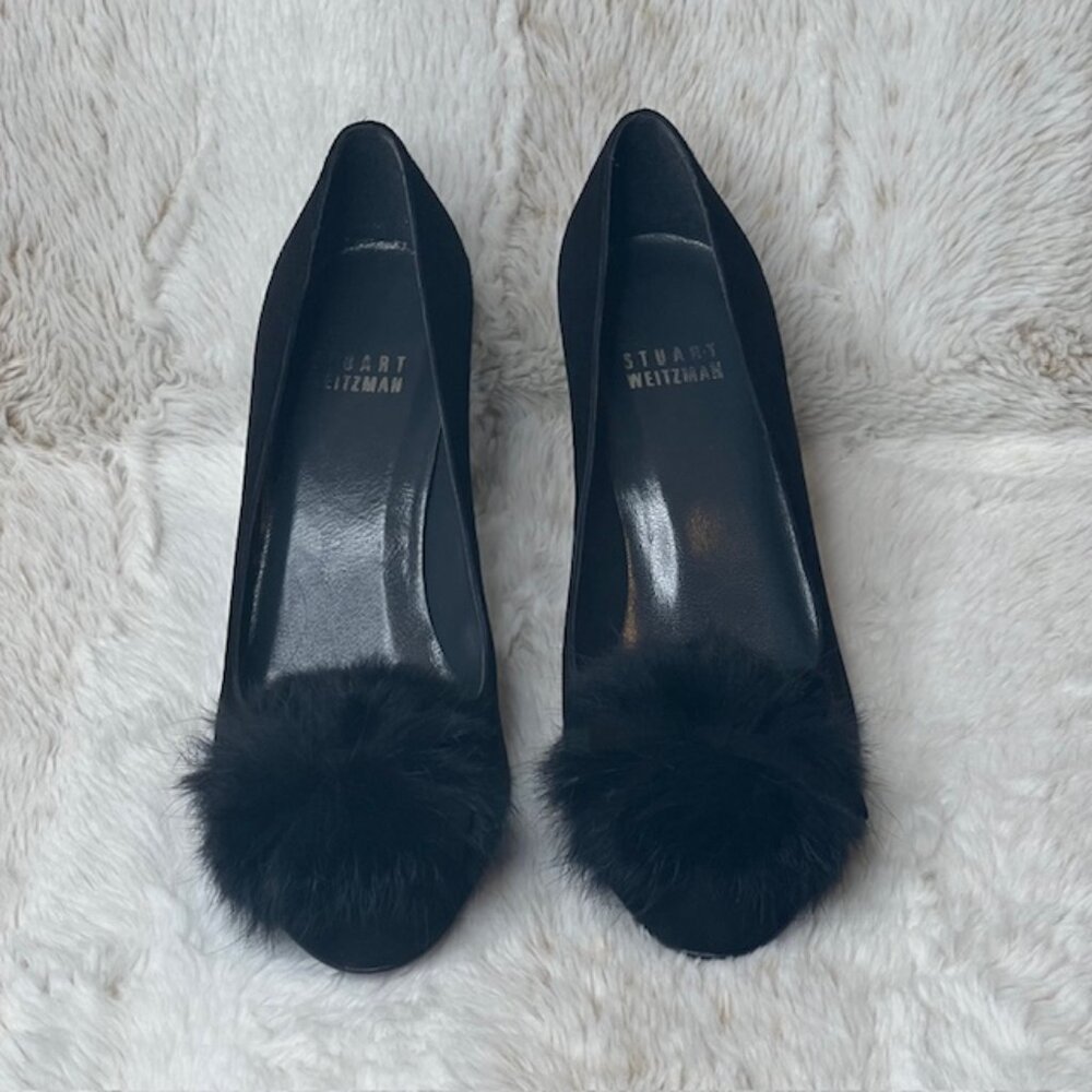 Stuart Weitzman Black Suede Pom-Pom Pumps Size 5M - Picture 2 of 10